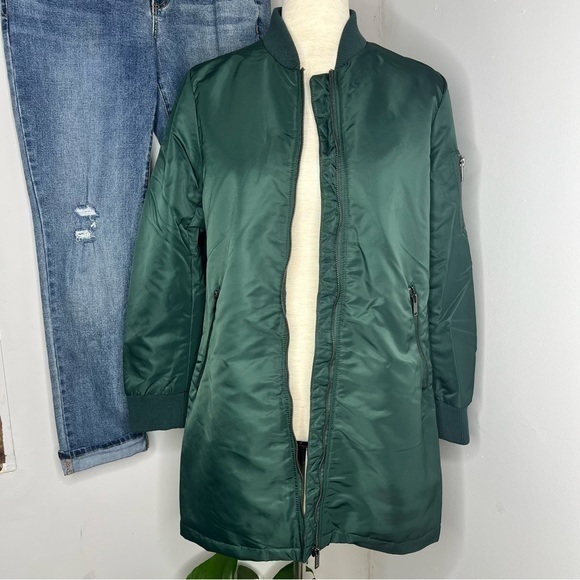 Forever 21 Dark Green Longline Bomber Jacket size Small - Picture 1 of 15